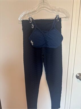 Navy Textured Blue Leggings with Matching Strappy Bralette